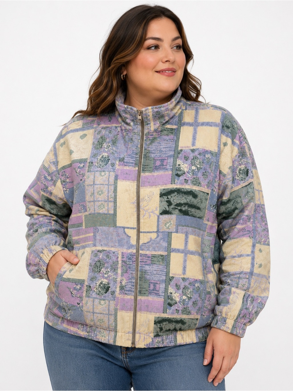 Silk Posure 100% Silk Jacket Plus Size 2X Pastel Abstract Zip Front Lightweight